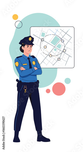 Illustrative depiction of a law enforcement officer standing by a strategic map for planning purposes