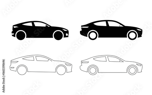 Two pairs of modern sedan car silhouettes and outlines isolated on white background