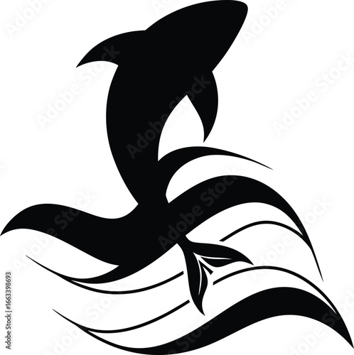 A stylized vector illustration of a black and white dragon tattoo design featuring a flowing tribal pattern and water elements. A stylized vector illustration of a black and white dragon tattoo design