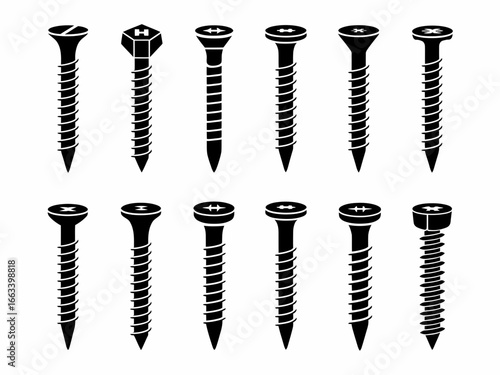 Collection of various screw silhouettes isolated on white background