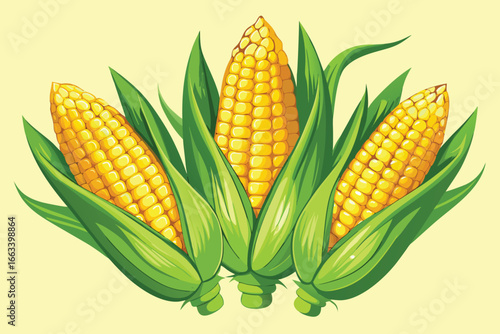 Vibrant corn on the cob illustration with fresh green leaves perfect for food-related designs
