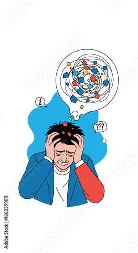 Man feeling overwhelmed by complex ideas experiencing mental strain and cognitive overload