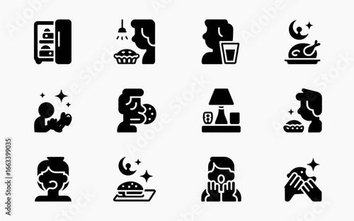 Collection of silhouette icons representing eating habits and food consumption isolated on white background