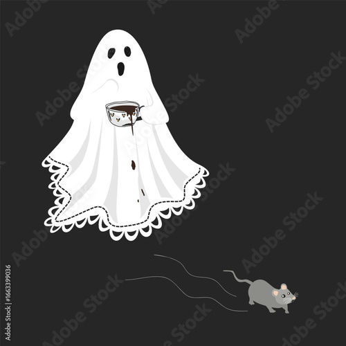 A cute scared lace-sheet ghost scared of a running mouse and spilling a coffee on its sheet . Sheet ghost holding a mug with hot chocolate. Halloween design element, isolated vector illustration.