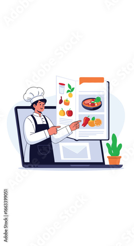 Online cooking class demonstrates delicious meal preparation and recipe presentation