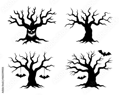 Four spooky halloween trees with bats and a jack o lantern face silhouette isolated on white background
