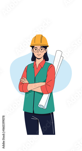 A confident female engineer holding blueprints with arms crossed in a vest and hard hat