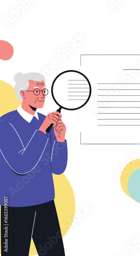 Elderly person carefully inspecting with magnifying glass discovering information and details