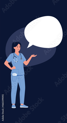 Healthcare professional explains medical information with a speech bubble for communication and education