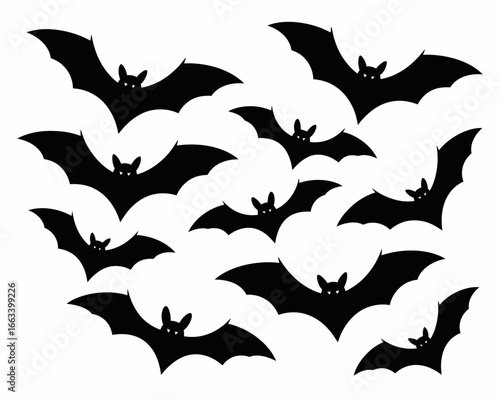 A flock of black bat silhouettes flying in formation isolated on white background