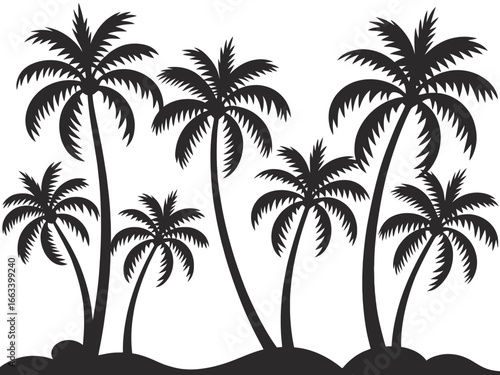 Group of palm trees in silhouette on a white background isolated on white background