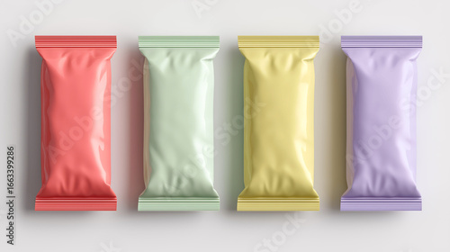 Row of protein bar, cereal bar, cookie packages is a different color on a white background
