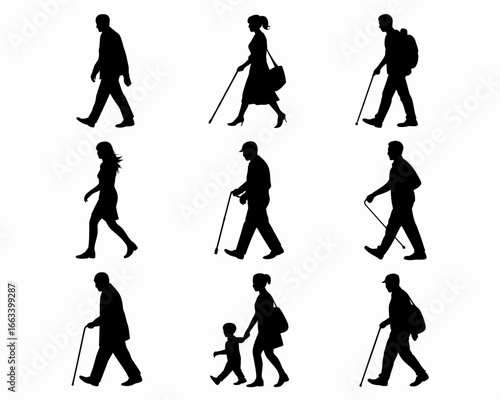 Collection of diverse people walking in silhouette isolated on white background