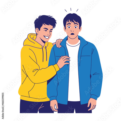 Unexpected Encounter: A depiction of a friendly, yet surprising, interaction between two figures. One figure, with a mischievous grin, places a hand on the other’s shoulder, who, in turn.