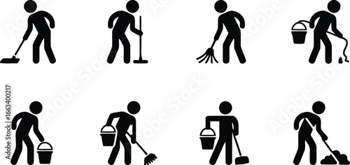 Collection of cleaning person silhouettes performing various tasks isolated on white background