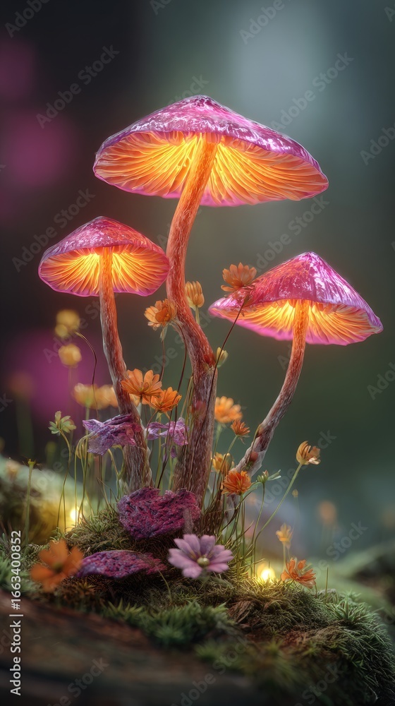 Fototapeta premium Glowing pink mushrooms illuminate a cluster of wildflowers and moss nestled on a dark log, ethereal glow, magical scene