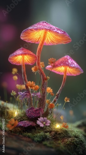 Wallpaper Mural Glowing pink mushrooms illuminate a cluster of wildflowers and moss nestled on a dark log, ethereal glow, magical scene Torontodigital.ca