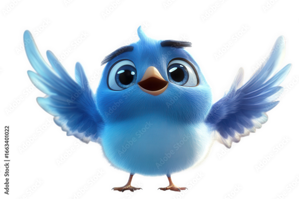 Naklejka premium Cute cartoon blue bird with wings spread, isolated on transparent background