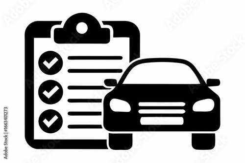 Car inspection checklist with checkmarks and car silhouette isolated on white background