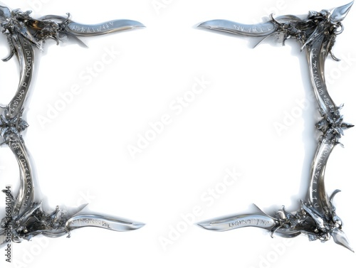 Intricate silver medieval fantasy frame with engraved symbols and dragon motifs on white background