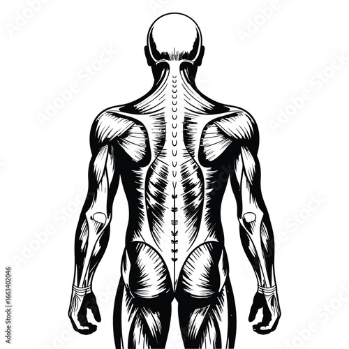 Detailed anatomical illustration of the human muscular system viewed from the back