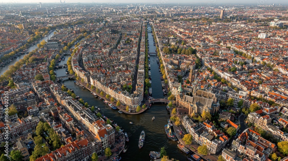 Obraz premium Aerial view of Amsterdam's historic canals and architecture during late afternoon light