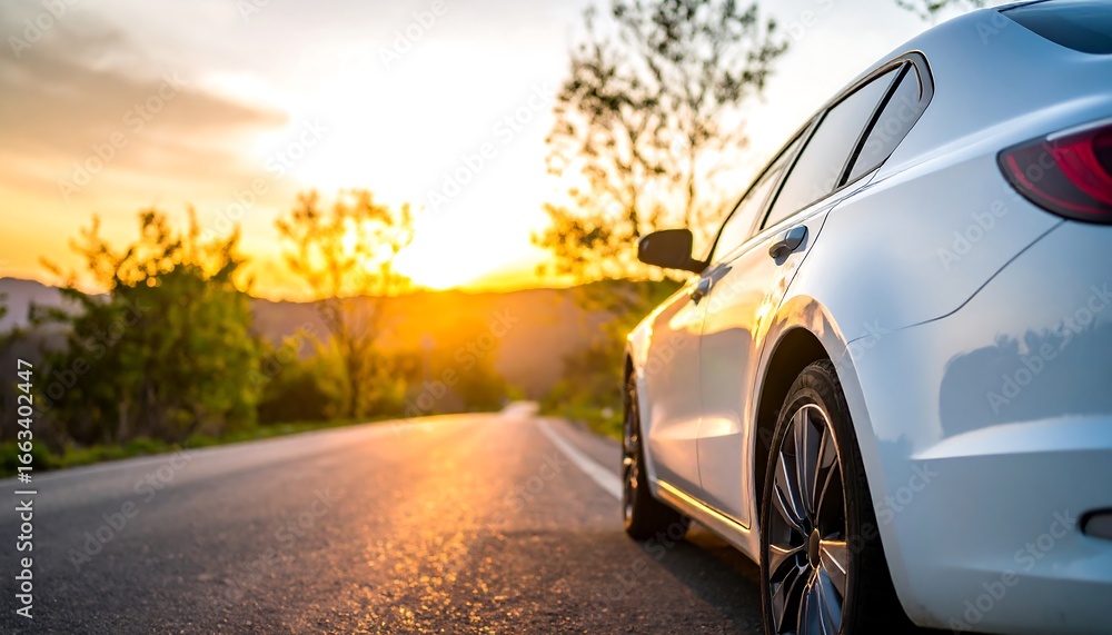 Fototapeta premium White car on scenic road at sunset