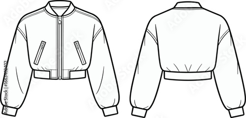 Cropped bomber jacket with zipper closure CAD drawing flat vector illustration , front back view, pocket detail, technical fashion sketch design template