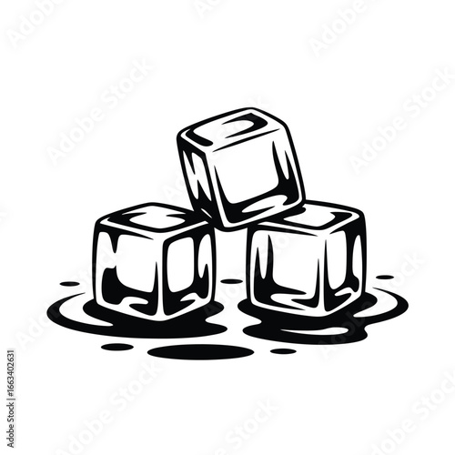 Three melting ice cubes stacked on a white background