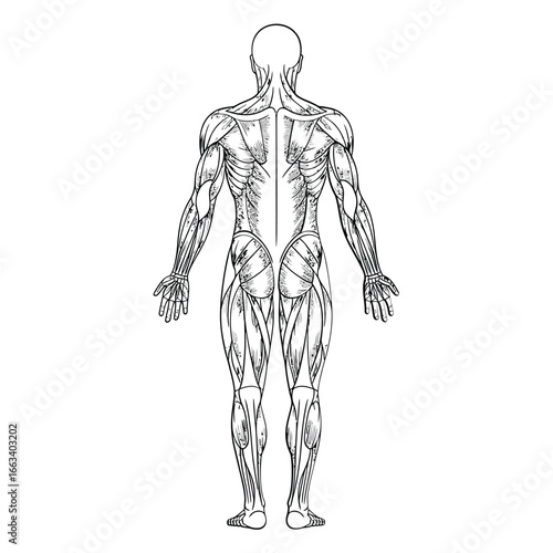 Detailed anatomical illustration of the human muscular system from the posterior view