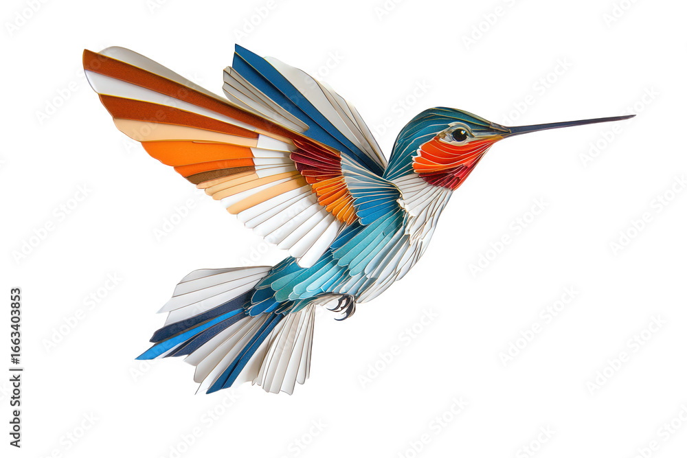 Fototapeta premium Colorful hummingbird flying with wings spread isolated on transparent background