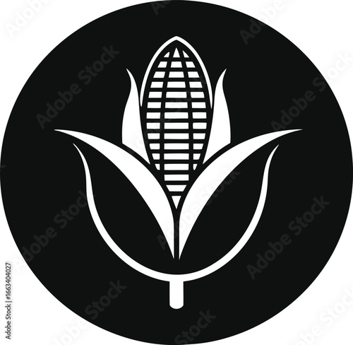 Modern black and white icon symbolizes fresh organic corn, perfect for agriculture and food branding