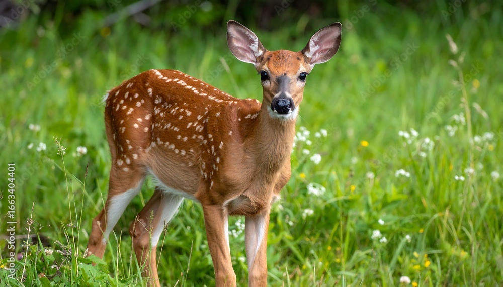 Fototapeta premium Young deer stands in a field of wildflowers.