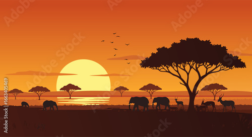 African Safari Sunset A Serene Silhouette of Wildlife and Acacia Trees Against a Warm, Golden Sky