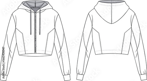 Hoodie Jacket CAD Drawing Flat Vector Illustration with Front Zipper Hood Long Sleeves Panel Lines Technical Fashion Template