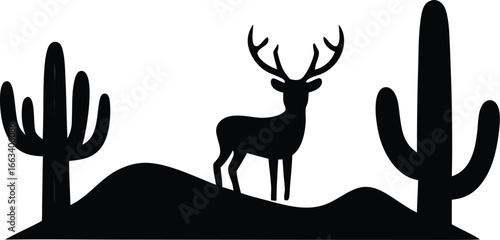 desert landscape with stag and saguaro cactus deer silhouette vector illustration