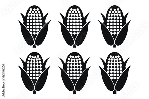 Six stylized black corn cobs with white kernels create a repeating pattern for agriculture or food themes