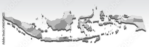 3D  Indonesia map with all Provinces in gray. Three dimensional map of Indonesia with shadow on white background for your design, app, UI.  EPS10.