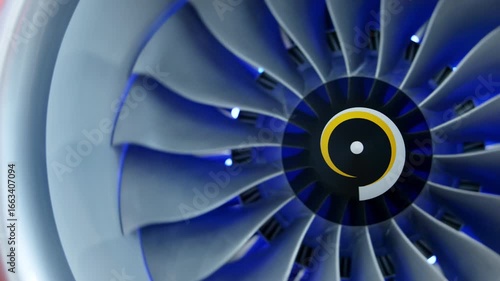 Turbofan engine rotating with blue light effect. Media