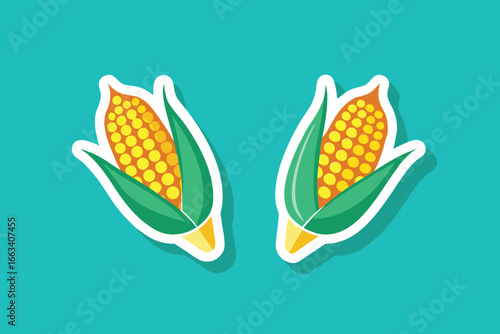 Bright, stylized corn on the cob icons with green husks on a teal background, perfect for autumn themes
