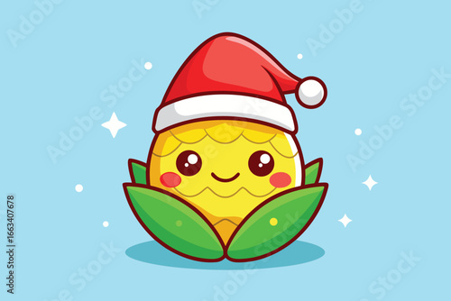 Cute kawaii corn character wearing Santa hat, celebrating Christmas holidays with sparkle