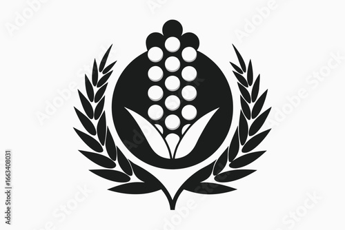 Elegant emblem featuring stylized corn and wheat stalks symbolizing agriculture and prosperity