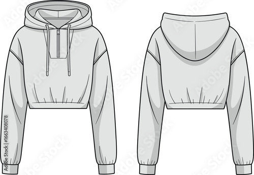 CAD drawing flat vector illustration of cropped hoodie, front and back views, zipper closure, drawstring hood, long sleeve fashion sketch, garment layout, stylish apparel design