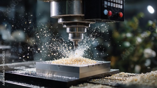 The machine makes a hole in the metal around which there are chips and dust. The environment is industrial and noisy