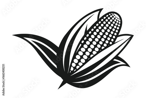 Crisp black and white graphic of a stylized corn cob with leaves, perfect for branding agricultural products.