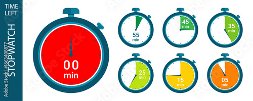 Stopwatch or Countdown timer icon set. 10, 20, 30, 40, 50, 60 min Timer, clock, and stopwatch symbol.