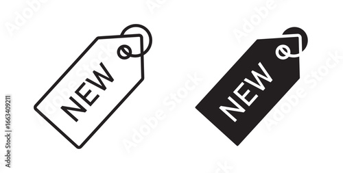 New icon . New fashion arrival sign. Advertising offer symbol. New collection badge shape. Adhesive offer paper banner. Vector illustration with stroke and fill on a white background.