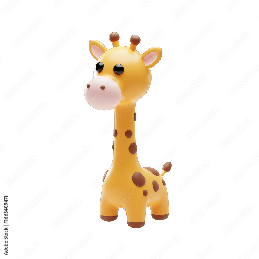 Obraz premium A charming 3D rendered cartoon giraffe toy, perfectly isolated on a white background, ready for children's projects and playful designs.
