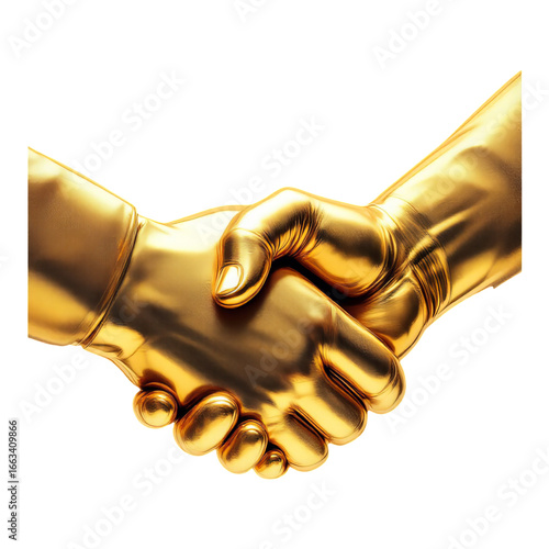 Two golden hands shaking, symbolizing business partnership, isolated on a white background