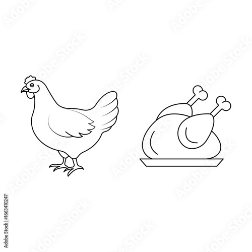 Chicken hen, poultry farm bird, meat food, roasted grill drumstick, barbecue meal, cooking protein, cuisine dinner icon vector illustration.